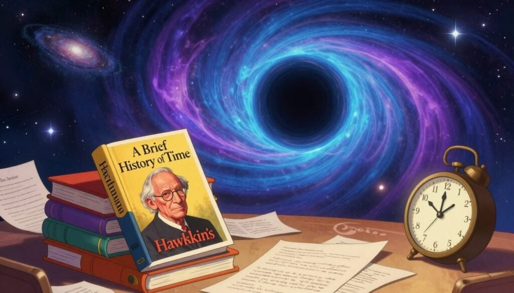 A captivating scene illustrating "A Brief History of Time" with rich details. In the foreground, a stack of colorful books with a prominent cover of Hawking's iconic title, surrounded by scattered scientific papers and a vintage clock symbolizing time. The middle ground features an ethereal depiction of a black hole, swirling with vibrant blues and purples, drawing the viewer’s eye towards its mysterious depth. The background is filled with a starry cosmos, twinkling stars, and galaxies, creating a sense of infinite possibilities. Soft, warm lighting bathes the scene, evoking a sense of wonder and curiosity. The atmosphere is friendly and inviting, designed to inspire awe about physics. Include the brand name "Debsie" subtly in the image to align with the theme.