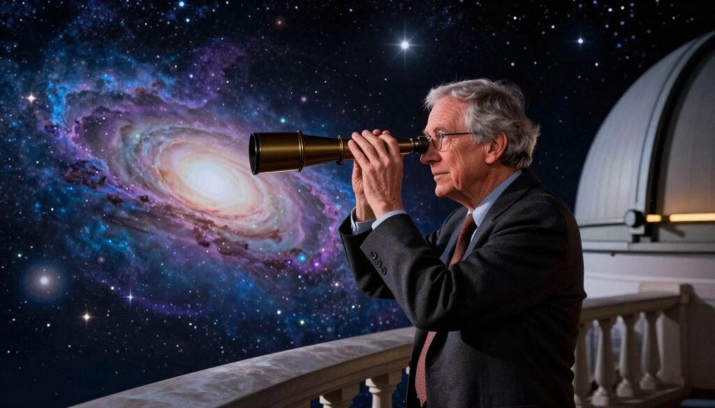A captivating scene inspired by Carl Sagan's "Cosmos" series, featuring him as a middle-aged man in professional attire, standing on a starlit observatory balcony. The foreground showcases Sagan gazing through a vintage telescope, illuminated softly by warm, ambient light that reflects his passion for the universe. In the middle ground, a vibrant cosmic landscape unfolds, filled with swirling galaxies, nebulae in hues of blue and purple, and shimmering stars, evoking a sense of wonder and curiosity. The background features a breathtaking night sky, enhancing the feeling of vastness and connection to the cosmos. The overall mood is inspiring and intimate, capturing Sagan’s desire to make space exploration feel accessible and personal to all. Debsie. A captivating scene inspired by Carl Sagan's "Cosmos" series, featuring him as a middle-aged man in professional attire, standing on a starlit observatory balcony. The foreground showcases Sagan gazing through a vintage telescope, illuminated softly by warm, ambient light that reflects his passion for the universe. In the middle ground, a vibrant cosmic landscape unfolds, filled with swirling galaxies, nebulae in hues of blue and purple, and shimmering stars, evoking a sense of wonder and curiosity. The background features a breathtaking night sky, enhancing the feeling of vastness and connection to the cosmos. The overall mood is inspiring and intimate, capturing Sagan’s desire to make space exploration feel accessible and personal to all. Debsie.