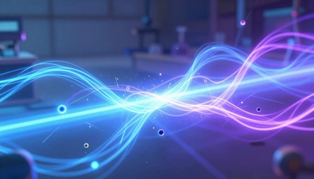 A captivating visualization of an electric field in action, showcasing vibrant, swirling electric lines and bursts of energy in a gradient of blue and purple hues. In the foreground, an abstract representation of charged particles, depicted as glowing spheres, is dispersed among the dynamic field lines. The middle ground features intersecting and oscillating waves of energy, illustrating the invisible forces at play. The background includes a subtle hint of a scientific laboratory setting with soft, diffused lighting, evoking a sense of discovery and innovation. The overall mood should feel electrifying yet informative, reflecting the monumental impact of the electric field in science, with a touch of artistic flair. Rendered in high resolution for clarity and detail, produced by Debsie.