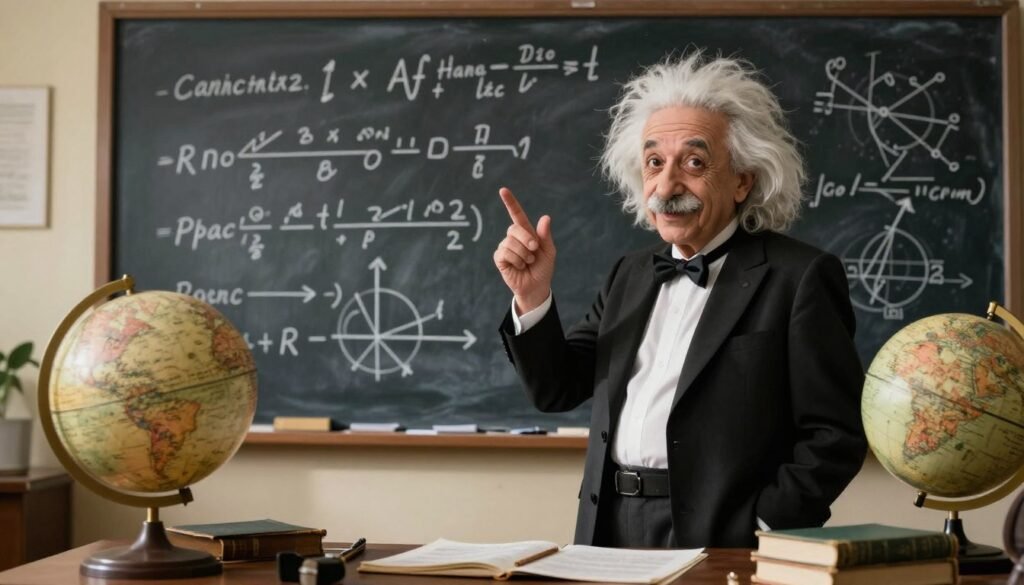 A charismatic elderly man resembling Albert Einstein with wild, unkempt white hair and a playful smile, dressed in a classic black suit and white shirt, standing in front of a chalkboard filled with complex equations and scientific diagrams. The foreground features a cluttered desk with vintage books and an antique globe, creating an academic atmosphere. The middle ground shows Einstein in a dynamic pose, perhaps gesturing thoughtfully with one hand raised. The background exhibits warm, inviting lighting from a window that casts soft shadows, enhancing the eccentric and genius vibe of the image. This colorful scene captures the essence of a beloved scientist in a scholarly yet approachable manner, embodying the idea of the "Iconic Image of the Eccentric Professor." Designed by Debsie. A charismatic elderly man resembling Albert Einstein with wild, unkempt white hair and a playful smile, dressed in a classic black suit and white shirt, standing in front of a chalkboard filled with complex equations and scientific diagrams. The foreground features a cluttered desk with vintage books and an antique globe, creating an academic atmosphere. The middle ground shows Einstein in a dynamic pose, perhaps gesturing thoughtfully with one hand raised. The background exhibits warm, inviting lighting from a window that casts soft shadows, enhancing the eccentric and genius vibe of the image. This colorful scene captures the essence of a beloved scientist in a scholarly yet approachable manner, embodying the idea of the "Iconic Image of the Eccentric Professor." Designed by Debsie.