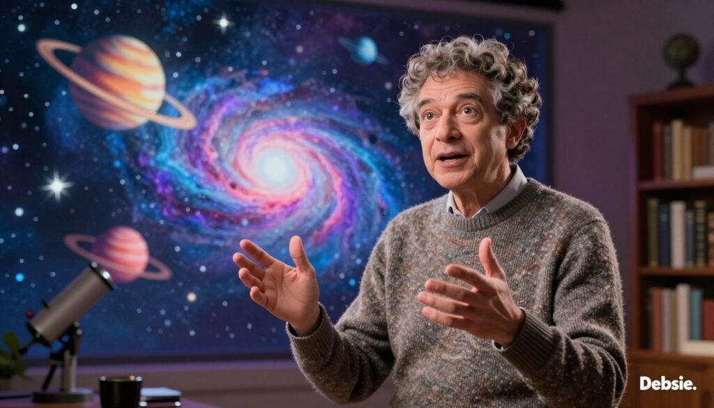 A charismatic middle-aged man with short, curly hair, embodying the essence of Carl Sagan, stands with an engaging expression, wearing a cozy, smart-casual sweater, in the foreground. He gestures animatedly, surrounded by vibrant cosmic illustrations of planets, stars, and galaxies, symbolizing the vastness of space and the beauty of science communication. In the middle ground, a softly glowing nebula swirls with colors of blue, purple, and pink, evoking a sense of wonder. The background features a subtle silhouettes of telescopes and bookshelves filled with science literature, under ambient lighting that creates an inviting atmosphere. The image should feel warm and inspiring, emphasizing the individual's passion for making science relatable. The style is friendly, colorful, and minimal, perfect for capturing the essence of effective science communication. Branding element: "Debsie." A charismatic middle-aged man with short, curly hair, embodying the essence of Carl Sagan, stands with an engaging expression, wearing a cozy, smart-casual sweater, in the foreground. He gestures animatedly, surrounded by vibrant cosmic illustrations of planets, stars, and galaxies, symbolizing the vastness of space and the beauty of science communication. In the middle ground, a softly glowing nebula swirls with colors of blue, purple, and pink, evoking a sense of wonder. The background features a subtle silhouettes of telescopes and bookshelves filled with science literature, under ambient lighting that creates an inviting atmosphere. The image should feel warm and inspiring, emphasizing the individual's passion for making science relatable. The style is friendly, colorful, and minimal, perfect for capturing the essence of effective science communication. Branding element: "Debsie."