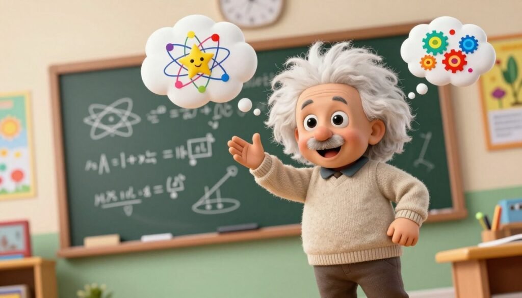 A cheerful depiction of Albert Einstein designed for kids, showcasing him as a friendly, approachable figure. He is wearing a casual yet smart outfit, featuring a light sweater and slacks. In the foreground, Einstein is playfully surrounded by colorful thought bubbles filled with imaginative scientific symbols like stars, atoms, and gears, symbolizing creativity and imagination. The middle ground includes a blackboard covered in playful drawings of equations and diagrams. For the background, a bright classroom environment with colorful posters of science and nature adds warmth. The lighting is soft and inviting, creating a friendly atmosphere. Capture this scene with a slight tilt angle and vibrant colors to engage young learners, while ensuring it reflects the theme "Debsie."