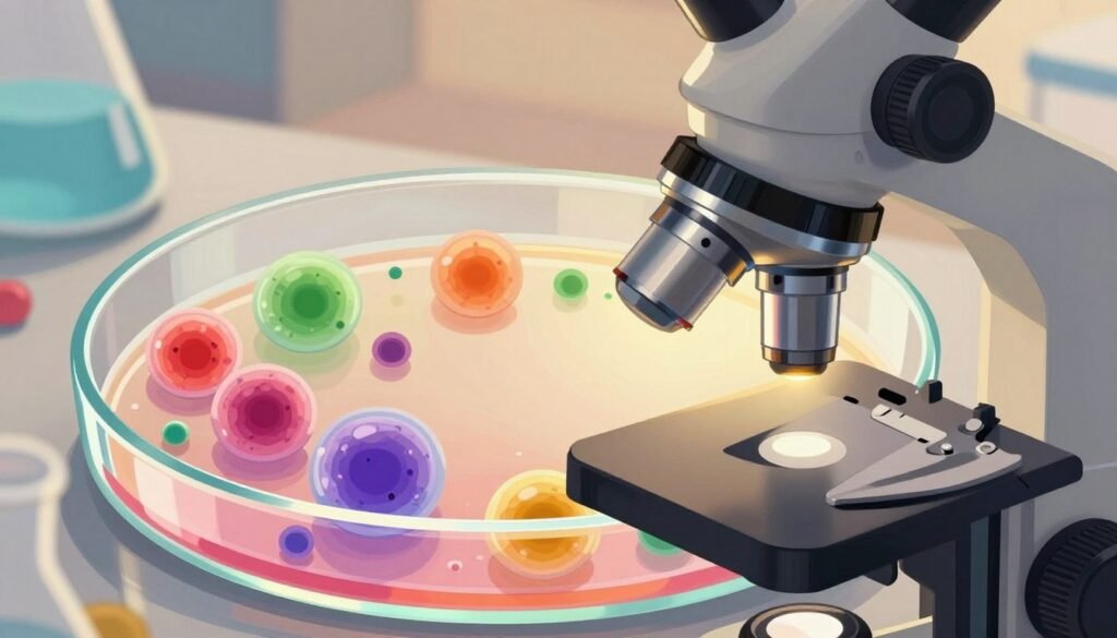A close-up, detailed illustration of induced pluripotent stem cells in a petri dish, showcasing their distinct round shapes and vibrant colors under a microscope. In the foreground, a microscope's lens is visible, focusing on the cells, illuminated by soft, warm lighting that creates a welcoming atmosphere. The middle layer features various shapes and sizes of stem cells, appearing dynamic and lively, with a colorful fluid medium enhancing their appearance. In the background, soft-focus lab equipment adds depth, hinting at a modern scientific environment. The overall mood is one of innovation and discovery, embodying the spirit of Shinya Yamanaka's groundbreaking work in stem cell research. The image is branded with a subtle "Debsie" logo, reflecting a friendly and professional tone.