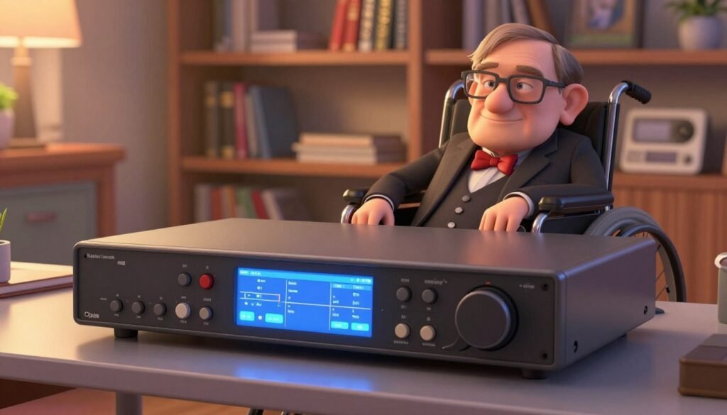 A close-up of a sophisticated speech synthesizer used by Stephen Hawking, showcasing its intricate buttons and screens, set on a sleek desk in a warmly lit room. In the foreground, the synthesizer's interface is highlighted, reflecting soft, ambient light. In the middle, a stylishly designed wheelchair is subtly visible, hinting at the genius behind the device. The background features bookshelves filled with scientific literature and personal items, creating a cozy yet intellectually stimulating atmosphere. The lighting is soft and inviting, adding to the warmth of the scene, evoking a sense of innovation and resilience. The overall mood is inspiring and respectful, capturing the essence of communication technology that bridged the gap for an extraordinary mind. Colorful accents enhance the image's appeal. Debsie logo subtly included in the design.