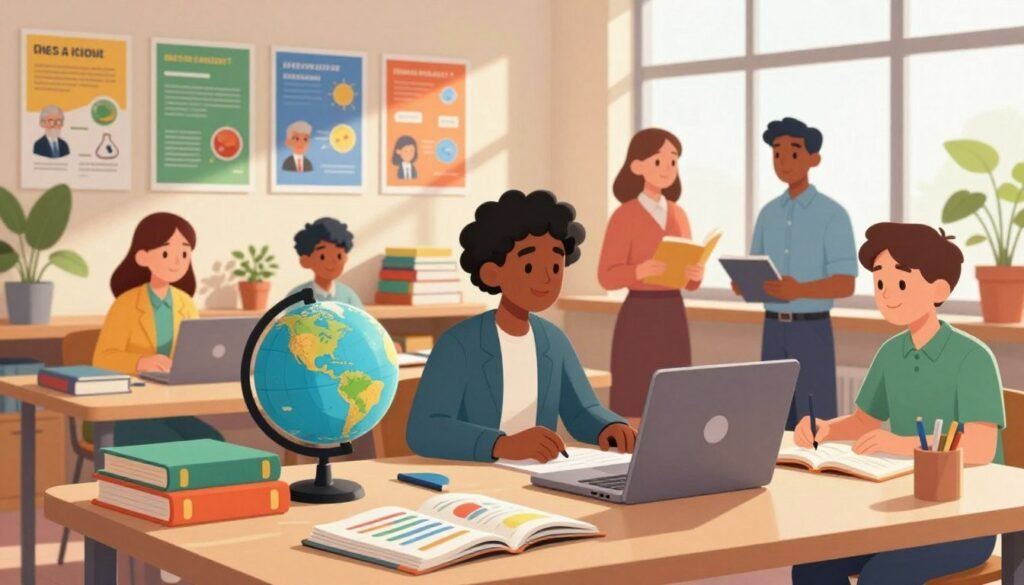 A close-up scene of a bright and inviting study space filled with a variety of educational resources for aspiring scientists. In the foreground, a neatly arranged desk features colorful textbooks, scientific journals, and a globe, with a laptop open to a virtual lecture. The middle ground showcases a shelf filled with vibrant posters illustrating major scientific concepts and famous scientists, surrounded by potted plants adding a touch of nature. In the background, a large window allows warm sunlight to flood the room, casting soft shadows. Capture a friendly and motivational atmosphere, with a focus on diversity by including a diverse group of four young professionals in business casual attire, engaged in discussion and collaboration. The image should reflect the essence of inspiring education and creativity. This illustration is for the brand "Debsie".