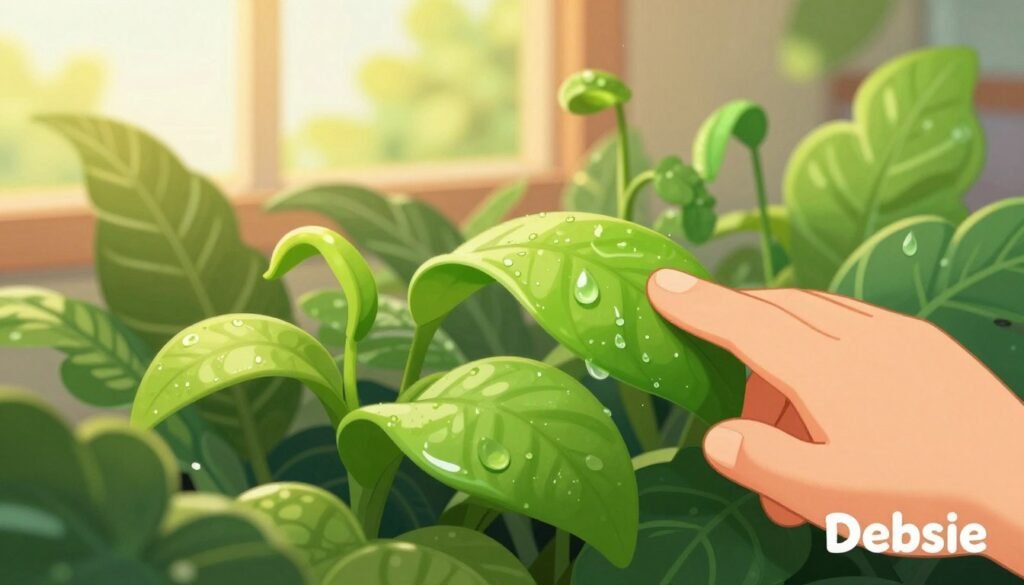A close-up view of a vibrant, lush green plant showing intricate leaf structures reacting to various stimuli, like delicate water droplets and gentle caressing fingers. In the foreground, a pair of hands gently touches the leaves, illustrating the concept of plant sensitivity with the fingertips slightly bending the leaves, showcasing their response. The middle ground captures a range of plants exhibiting different reactions: some leaves curling, others slightly drooping, each emphasizing sensitivity to touch and light. The background is softly blurred, featuring a warm, golden sunlight filtering through a window, creating a cheerful, inviting atmosphere. The lighting is bright yet soft, enhancing the colors while maintaining depth. This image reflects the essence of discovery and wonder in plant life, designed for the brand "Debsie" with a clean, friendly vibe.