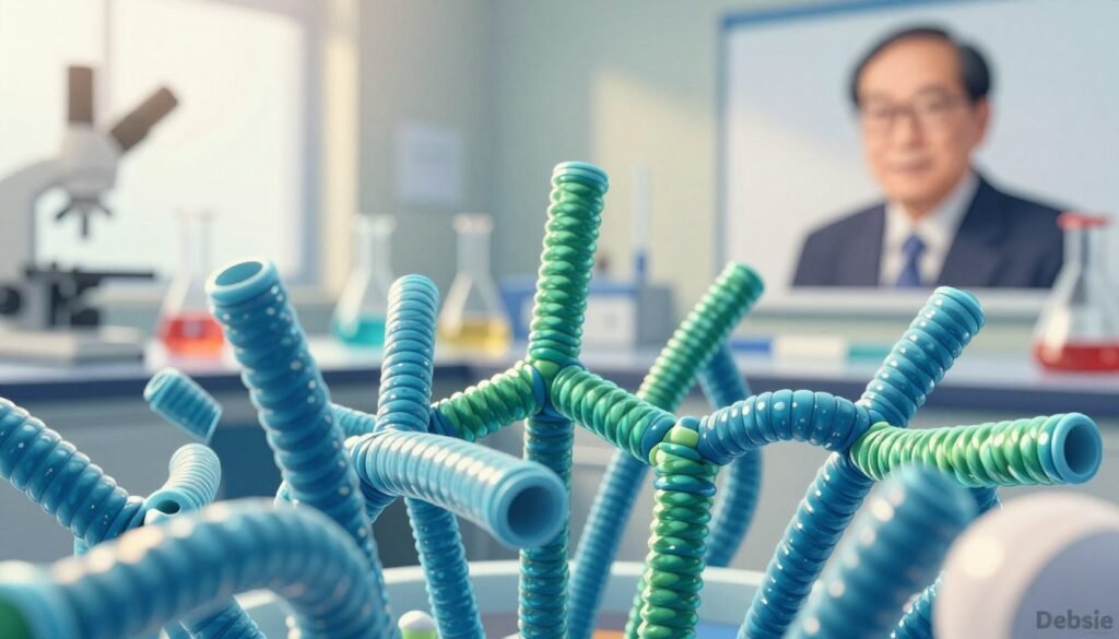 A close-up view of carbon nanotubes, intricately arranged in a dynamic, three-dimensional structure, showcasing their unique cylindrical shape and molecular details. In the foreground, the nanotubes glisten with a subtle metallic sheen, reflecting light as if caught in a laboratory setting. The middle ground reveals a soft-focus laboratory with scientific instruments and glassware, providing context to their discovery. The background displays a blurred image of Sumio Iijima's silhouette, portrayed in professional attire, signifying his significant contribution to science. Bright, natural lighting creates a warm and inviting atmosphere, enhancing the overall feel of innovation and discovery. The color palette consists of vibrant blues and greens, symbolizing the potential of nanotechnology. Brand name "Debsie" subtly integrated into the environment.