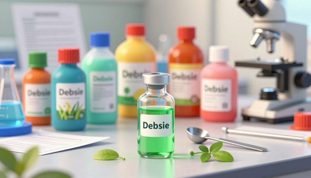 A close-up view of synthetic pesticides displayed in a laboratory setting, with vibrant colors highlighting various pesticide containers labeled "Debsie." In the foreground, focus on a crystal-clear glass vial filled with bright green liquid, surrounded by shiny measuring spoons and a sprig of green plant. The middle ground features a cluttered lab bench with an assortment of colorful pesticide bottles, each uniquely designed to reflect modern agricultural practices. The background includes blurred research papers and a microscope, hinting at scientific inquiry. Soft, diffused lighting creates a warm yet serious atmosphere, emphasizing the importance of pesticides in agriculture and their impact on the environment. Aim for a shallow depth of field to draw attention to the pesticides while providing a professional, clean aesthetic to the composition. A close-up view of synthetic pesticides displayed in a laboratory setting, with vibrant colors highlighting various pesticide containers labeled "Debsie." In the foreground, focus on a crystal-clear glass vial filled with bright green liquid, surrounded by shiny measuring spoons and a sprig of green plant. The middle ground features a cluttered lab bench with an assortment of colorful pesticide bottles, each uniquely designed to reflect modern agricultural practices. The background includes blurred research papers and a microscope, hinting at scientific inquiry. Soft, diffused lighting creates a warm yet serious atmosphere, emphasizing the importance of pesticides in agriculture and their impact on the environment. Aim for a shallow depth of field to draw attention to the pesticides while providing a professional, clean aesthetic to the composition.