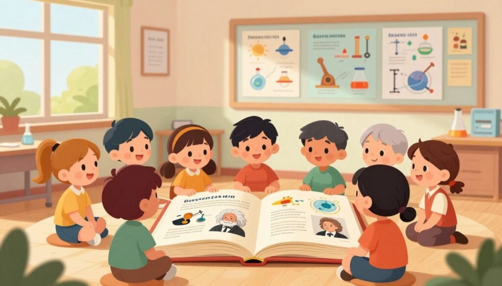 A colorful and engaging illustration depicting the importance of science history for kids. In the foreground, a diverse group of children (ages 6 to 10) sits around a large history book that showcases illustrations of famous scientists like Einstein and Curie, all depicted in a friendly and approachable manner. In the middle, a bright classroom environment, adorned with posters of scientific discoveries and tools, encourages a sense of exploration. In the background, a warm, sunlit window with greenery outside adds an inviting, cheerful atmosphere. Use soft, natural lighting to create a welcoming mood. The overall composition should be vibrant, friendly, and minimalistic, reflecting the theme of early exposure to science history. Include the brand name "Debsie" subtly within the environment, perhaps as a logo on a classroom poster.
