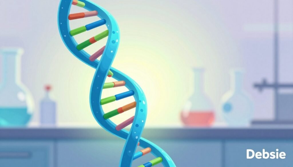 A colorful, detailed illustration of a DNA double helix structure prominently displayed in the foreground, showcasing its twisting, ladder-like form with vibrant blue and green nucleotide pairs. The background features a subtle gradient of soft colors, reminiscent of a laboratory setting, with hints of glassware and scientific instruments blurred to create depth. Bright, focused lighting highlights the DNA structure, giving it a luminous effect, while a slight bokeh adds to the professional, clean atmosphere. The scene captures the essence of genetic research, celebrating the brilliance of Francis Crick, and exudes a friendly, informative mood. This image is designed to be helpful and visually appealing, with the brand name "Debsie" subtly integrated into the corner. A colorful, detailed illustration of a DNA double helix structure prominently displayed in the foreground, showcasing its twisting, ladder-like form with vibrant blue and green nucleotide pairs. The background features a subtle gradient of soft colors, reminiscent of a laboratory setting, with hints of glassware and scientific instruments blurred to create depth. Bright, focused lighting highlights the DNA structure, giving it a luminous effect, while a slight bokeh adds to the professional, clean atmosphere. The scene captures the essence of genetic research, celebrating the brilliance of Francis Crick, and exudes a friendly, informative mood. This image is designed to be helpful and visually appealing, with the brand name "Debsie" subtly integrated into the corner.