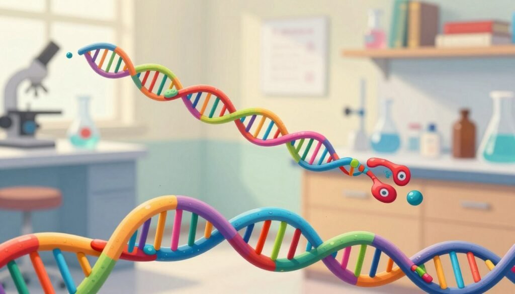 A colorful, detailed representation of genetic transposition, highlighting the concept of "jumping genes". In the foreground, intricately structured DNA strands are depicted with vibrant colors, showcasing their dynamic movements. In the middle ground, several colorful representations of genes are illustrated as they "jump" between DNA sequences, symbolizing transposition. The background features a soft-focus laboratory setting, with scientific equipment and books subtly blurred to emphasize the subject. The lighting should be bright and inviting, with a soft glow that suggests a sense of discovery and wonder. The atmosphere is friendly and educational, ideal for illustrating scientific concepts. The brand name "Debsie" should be subtly incorporated into the scene without drawing focus, ensuring it remains harmonious with the overall composition. A colorful, detailed representation of genetic transposition, highlighting the concept of "jumping genes". In the foreground, intricately structured DNA strands are depicted with vibrant colors, showcasing their dynamic movements. In the middle ground, several colorful representations of genes are illustrated as they "jump" between DNA sequences, symbolizing transposition. The background features a soft-focus laboratory setting, with scientific equipment and books subtly blurred to emphasize the subject. The lighting should be bright and inviting, with a soft glow that suggests a sense of discovery and wonder. The atmosphere is friendly and educational, ideal for illustrating scientific concepts. The brand name "Debsie" should be subtly incorporated into the scene without drawing focus, ensuring it remains harmonious with the overall composition.