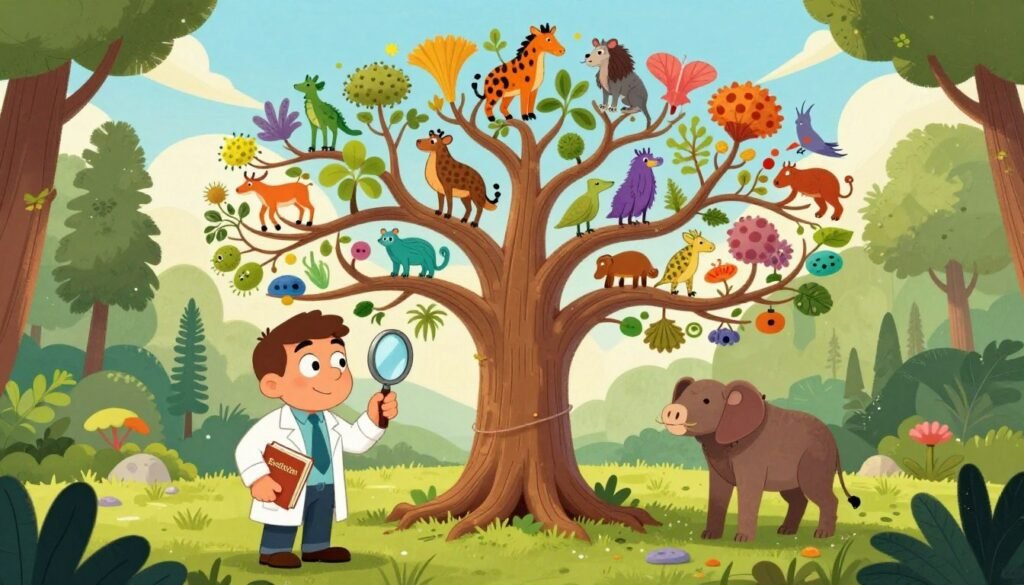 A colorful illustration depicting the "Theory of Evolution," featuring a tree of life with diverse branches representing various species, including humans, animals, and plants. In the foreground, a curious scientist in professional attire observes the tree with a magnifying glass, while holding a book titled "Evolution." The middle ground showcases a rich variety of evolutionary stages, from simple single-celled organisms to complex mammals. The background includes a serene landscape, blending lush green forests and a blue sky with light, soft clouds. Warm natural lighting bathes the scene, creating an inviting atmosphere. The image embodies the essence of curiosity and discovery, showcasing the progression of evolutionary theory. Debsie. A colorful illustration depicting the "Theory of Evolution," featuring a tree of life with diverse branches representing various species, including humans, animals, and plants. In the foreground, a curious scientist in professional attire observes the tree with a magnifying glass, while holding a book titled "Evolution." The middle ground showcases a rich variety of evolutionary stages, from simple single-celled organisms to complex mammals. The background includes a serene landscape, blending lush green forests and a blue sky with light, soft clouds. Warm natural lighting bathes the scene, creating an inviting atmosphere. The image embodies the essence of curiosity and discovery, showcasing the progression of evolutionary theory. Debsie.