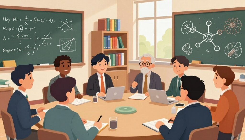 A colorful illustration embodying John Hopfield's interdisciplinary approach to science, featuring a classroom setting with a blend of chalkboards displaying equations, neural network diagrams, and biology sketches. In the foreground, a diverse group of researchers, dressed in professional business attire, engaged in animated discussion, reflecting collaboration. The middle ground showcases shelves filled with books from various scientific fields—physics, biology, and computer science. The background is a soft-focus of a large window letting in warm natural light, enhancing a productive and inspiring atmosphere. The mood is friendly and engaging, inviting the viewer into an academic journey that bridges different disciplines. The scene resonates with innovation, emphasizing the convergence of ideas that shaped modern AI. The branding "Debsie" subtly integrated into a book spines in the background.