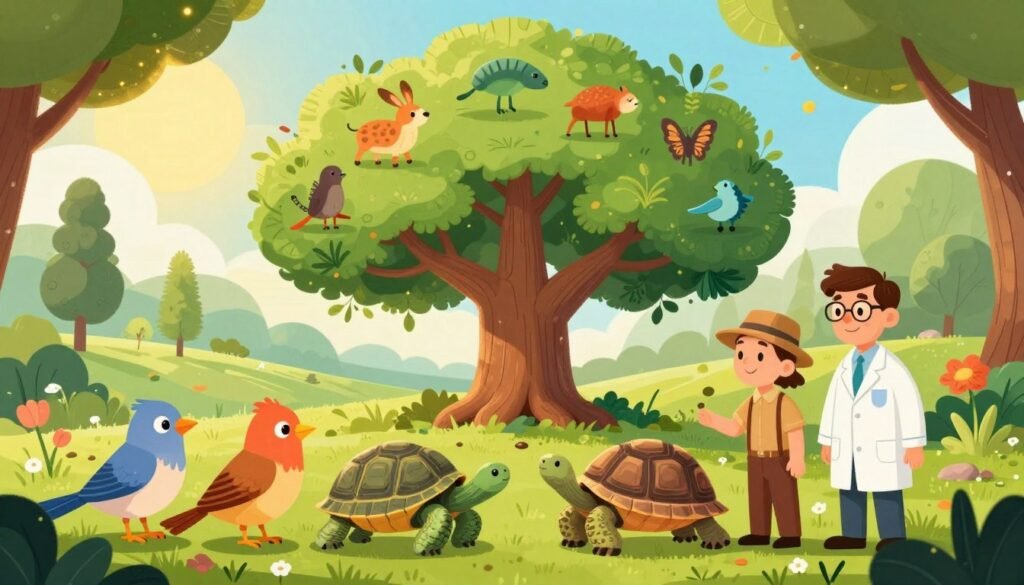 A colorful illustration representing the theory of evolution through natural selection, featuring a layered composition. In the foreground, a diverse group of animals—such as a finch, a tortoise, and a human scientist in professional attire—are depicted in a cooperative stance, examining various life forms. The middle layer should show a vibrant tree of life, with branches illustrating different species emerging through gradual changes. In the background, a serene landscape showcases a natural habitat, with warm sunlight filtering through a canopy of leaves, creating a welcoming and friendly atmosphere. The scene conveys a sense of discovery and understanding, highlighting the core principles of natural selection. Ensure a bright, inviting color palette, and set the mood to inspire curiosity and appreciation for evolution. Include the brand name “Debsie” subtly within the design. A colorful illustration representing the theory of evolution through natural selection, featuring a layered composition. In the foreground, a diverse group of animals—such as a finch, a tortoise, and a human scientist in professional attire—are depicted in a cooperative stance, examining various life forms. The middle layer should show a vibrant tree of life, with branches illustrating different species emerging through gradual changes. In the background, a serene landscape showcases a natural habitat, with warm sunlight filtering through a canopy of leaves, creating a welcoming and friendly atmosphere. The scene conveys a sense of discovery and understanding, highlighting the core principles of natural selection. Ensure a bright, inviting color palette, and set the mood to inspire curiosity and appreciation for evolution. Include the brand name “Debsie” subtly within the design.