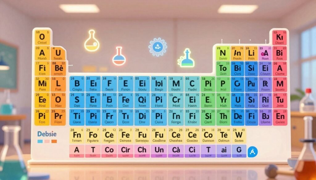 A colorful, modern periodic table designed with a sleek, minimalist aesthetic, showcasing elements arranged in a clear, organized manner. The foreground features vibrant elements with their symbols and atomic numbers, highlighted against a polished backdrop. In the middle ground, gently glowing icons representing chemistry and industry, like test tubes and gears, subtly intermingle with the table, symbolizing the intersection of science and technology. The background should be softly blurred to maintain focus on the table, with atmospheric lighting casting a warm glow that enhances the overall inviting feel. The image embodies a sense of innovation and scientific exploration, integrating the brand name "Debsie" seamlessly into the design without text overlays. A colorful, modern periodic table designed with a sleek, minimalist aesthetic, showcasing elements arranged in a clear, organized manner. The foreground features vibrant elements with their symbols and atomic numbers, highlighted against a polished backdrop. In the middle ground, gently glowing icons representing chemistry and industry, like test tubes and gears, subtly intermingle with the table, symbolizing the intersection of science and technology. The background should be softly blurred to maintain focus on the table, with atmospheric lighting casting a warm glow that enhances the overall inviting feel. The image embodies a sense of innovation and scientific exploration, integrating the brand name "Debsie" seamlessly into the design without text overlays.