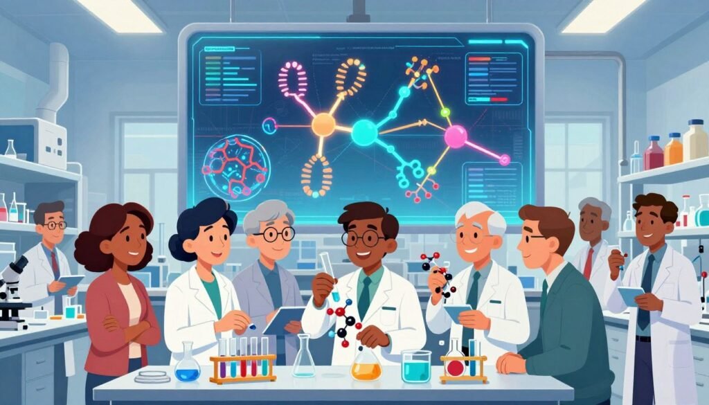 A colorful, visually captivating depiction of directed evolution in a laboratory setting. In the foreground, a diverse group of scientists, dressed in professional business attire, engage in vibrant experimentation with test tubes and molecular models. Their expressions are focused and collaborative, illustrating the teamwork in scientific discovery. The middle ground features a large, holographic display showcasing complex genetic structures evolving in real time, with glowing pathways representing various evolutionary processes. The background is a modern lab filled with cutting-edge equipment and biotechnological devices, bathed in bright, natural lighting to evoke a sense of innovation and hope. The overall atmosphere is friendly and inspiring, highlighting the groundbreaking work of Frances Arnold in the field of directed evolution. Image should reflect the branding of "Debsie".