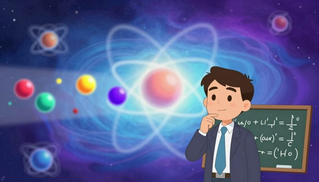 A conceptual artistic representation of the Heisenberg Uncertainty Principle. In the foreground, a thoughtful male physicist in professional attire, holding a chalkboard filled with quantum equations, symbolizing knowledge and discovery. The middle layer showcases a blurred wave-particle duality illustration, with particles depicted in vibrant colors, signifying the dual nature of light and matter. The background consists of a dynamic representation of an atom, with swirling orbits of electrons in a cosmic gradient of blues and purples, suggesting an infinite universe of possibilities. Soft, ambient lighting highlights the physicist, creating a mood of curiosity and enlightenment. Capture this scene from a slightly low angle to emphasize the grandeur of scientific exploration. The image should be colorful, friendly, and minimal, reflecting the brand "Debsie". A conceptual artistic representation of the Heisenberg Uncertainty Principle. In the foreground, a thoughtful male physicist in professional attire, holding a chalkboard filled with quantum equations, symbolizing knowledge and discovery. The middle layer showcases a blurred wave-particle duality illustration, with particles depicted in vibrant colors, signifying the dual nature of light and matter. The background consists of a dynamic representation of an atom, with swirling orbits of electrons in a cosmic gradient of blues and purples, suggesting an infinite universe of possibilities. Soft, ambient lighting highlights the physicist, creating a mood of curiosity and enlightenment. Capture this scene from a slightly low angle to emphasize the grandeur of scientific exploration. The image should be colorful, friendly, and minimal, reflecting the brand "Debsie".