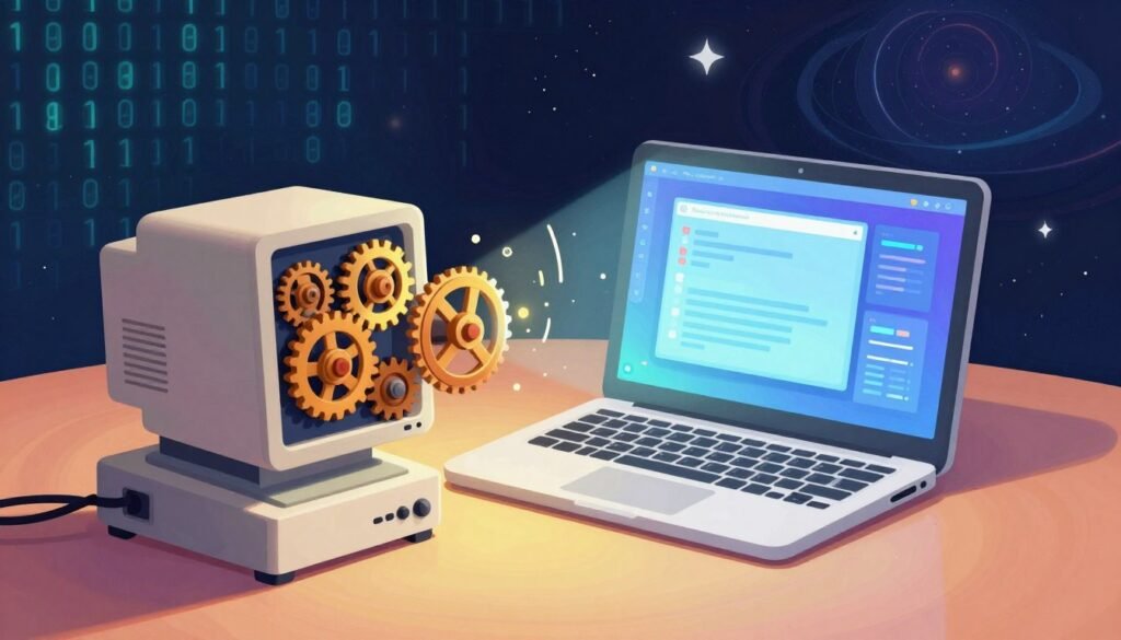 A conceptual illustration of the Universal Turing Machine, featuring a vintage computer with intricate gears and levers in the foreground, symbolizing computation, merging with a modern laptop displaying a vibrant digital interface in the middle. The background showcases a blend of abstract binary code and celestial patterns, representing infinite possibilities in computing. Soft, warm lighting casts a glow over the scene, emphasizing the harmony between past and present technology. The atmosphere conveys a sense of awe and innovation, inviting viewers to explore the evolution of computing. The artwork should be colorful, friendly, and minimalistic to capture the essence of Alan Turing's profound contributions. Include the brand logo "Debsie" subtly integrated into the design.