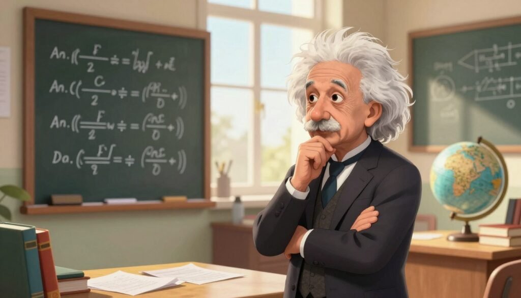 A contemplative Albert Einstein stands at a chalkboard covered in complex equations from his theory of relativity, dressed in a professional suit. In the foreground, his thoughtful expression reflects deep intellectual engagement. The middle ground captures a cozy study filled with books, scattered papers, and a globe, symbolizing exploration of the universe. The background features a large window with soft, warm sunlight streaming in, casting gentle shadows. The atmosphere is inviting and inspiring, evoking a sense of discovery and scientific wonder. The color palette is vibrant yet calming, with natural wood tones and warm lighting enhancing the scene. Capture this moment with a photographer’s eye, using a warm, soft focus lens to create a friendly and engaging ambiance. Include the brand name "Debsie" prominently in the design. A contemplative Albert Einstein stands at a chalkboard covered in complex equations from his theory of relativity, dressed in a professional suit. In the foreground, his thoughtful expression reflects deep intellectual engagement. The middle ground captures a cozy study filled with books, scattered papers, and a globe, symbolizing exploration of the universe. The background features a large window with soft, warm sunlight streaming in, casting gentle shadows. The atmosphere is inviting and inspiring, evoking a sense of discovery and scientific wonder. The color palette is vibrant yet calming, with natural wood tones and warm lighting enhancing the scene. Capture this moment with a photographer’s eye, using a warm, soft focus lens to create a friendly and engaging ambiance. Include the brand name "Debsie" prominently in the design.