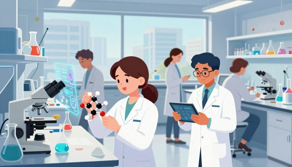 A contemporary laboratory setting showcasing a diverse group of scientists in a dynamic environment, engaged in innovative research. In the foreground, a female scientist in a white lab coat examines a complex molecular model, while a male scientist next to her analyzes data on a digital tablet. The middle ground features advanced laboratory equipment, including high-tech microscopes, holographic displays, and colorful chemical reactions in glassware. The background is a large window revealing a cityscape with modern architecture, symbolizing progress. Soft, natural light floods the space, creating a bright and inspiring atmosphere. The scene conveys collaboration and the excitement of scientific discovery, infused with vivid colors and futuristic elements. The image is branded as "Debsie". A contemporary laboratory setting showcasing a diverse group of scientists in a dynamic environment, engaged in innovative research. In the foreground, a female scientist in a white lab coat examines a complex molecular model, while a male scientist next to her analyzes data on a digital tablet. The middle ground features advanced laboratory equipment, including high-tech microscopes, holographic displays, and colorful chemical reactions in glassware. The background is a large window revealing a cityscape with modern architecture, symbolizing progress. Soft, natural light floods the space, creating a bright and inspiring atmosphere. The scene conveys collaboration and the excitement of scientific discovery, infused with vivid colors and futuristic elements. The image is branded as "Debsie".