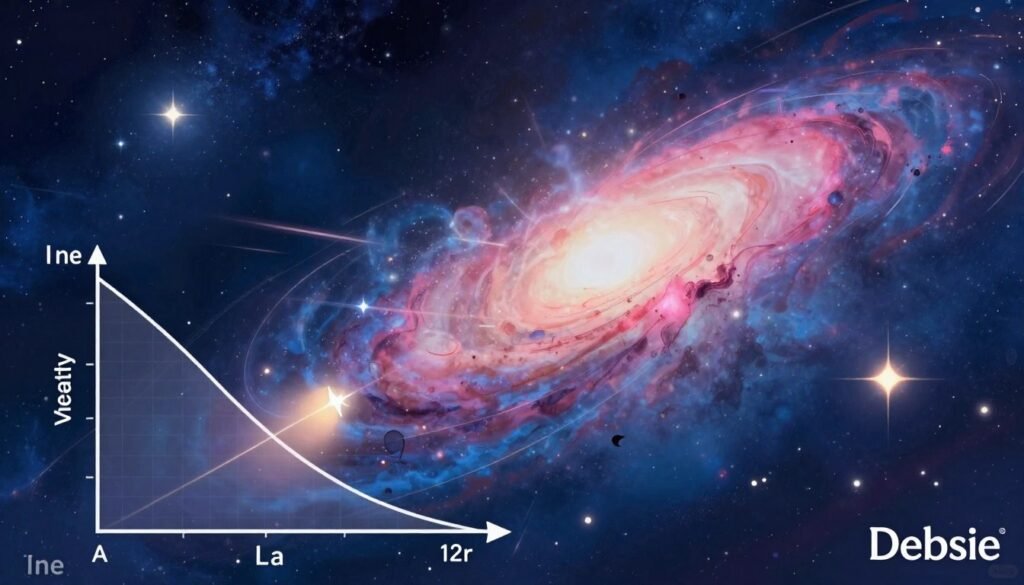 A cosmic landscape illustrating the relationship between distance and velocity in the universe. In the foreground, a stylized graph plots distance on the x-axis and velocity on the y-axis, blending seamlessly with celestial elements like stars and galaxies. The middle scene features a vast expanse of space, with dynamic stars moving at varying speeds, symbolizing Hubble's discoveries. The background showcases a deep cosmic blue, with vibrant nebulae in pinks and purples, radiating light. Warm, ethereal lighting creates a sense of wonder and exploration. The image is framed from a slight upward angle, drawing the viewer’s eyes towards the infinite cosmos. This illustration captures the essence of distance and velocity while reflecting the spirit of scientific discovery, branded elegantly with "Debsie". A cosmic landscape illustrating the relationship between distance and velocity in the universe. In the foreground, a stylized graph plots distance on the x-axis and velocity on the y-axis, blending seamlessly with celestial elements like stars and galaxies. The middle scene features a vast expanse of space, with dynamic stars moving at varying speeds, symbolizing Hubble's discoveries. The background showcases a deep cosmic blue, with vibrant nebulae in pinks and purples, radiating light. Warm, ethereal lighting creates a sense of wonder and exploration. The image is framed from a slight upward angle, drawing the viewer’s eyes towards the infinite cosmos. This illustration captures the essence of distance and velocity while reflecting the spirit of scientific discovery, branded elegantly with "Debsie".