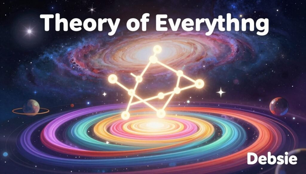 A cosmic scene depicting the essence of the "Theory of Everything" with a blend of abstract and scientific elements. In the foreground, a swirling vortex of colors representing fundamental forces—gravity, electromagnetism, and nuclear forces—intertwined like ribbons. The middle layer features a luminous, intricate structure resembling a mathematical equation, illuminated softly, with sparkles that suggest discovery and insight. In the background, an expansive universe filled with galaxies and stars, symbolizing the vastness of space and the quest for knowledge. Soft, ethereal lighting enhances the atmosphere of wonder and curiosity, while a slight lens distortion adds depth to the scene. The overall mood is inspiring and contemplative, ideal for illustrating profound scientific exploration. Branding prominently includes "Debsie".