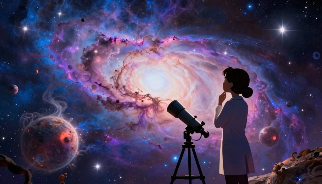 A cosmic scene illustrating stellar composition, featuring a dazzling nebula with vibrant colors of blues, purples, and pinks in the background. In the foreground, a silhouette of a thoughtful female scientist wearing professional attire stands beside a telescope, gazing at the stars with wonder. The middle ground showcases steaming celestial bodies, emphasizing the intricate dance of gases in stellar atmospheres. Soft, warm lighting illuminates the scene, creating an ethereal glow that highlights the scientist's focus and curiosity. Use a wide-angle lens perspective to capture the expansive universe, conveying a sense of awe and the vastness of space. The overall mood is inspiring and enlightening, celebrating the pursuit of knowledge. Add subtle embellishments that align with the brand "Debsie" to enhance the cosmic atmosphere without overwhelming the composition.
