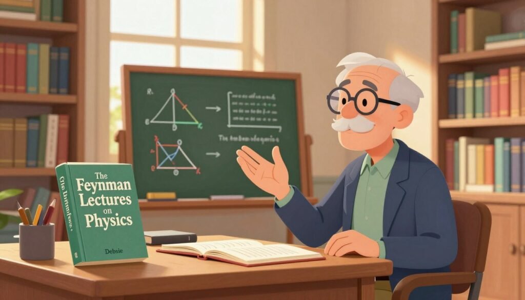 A cozy, well-lit study adorned with shelves full of books, prominently featuring "The Feynman Lectures on Physics" opened on a wooden desk. In the foreground, a thoughtful professor, dressed in a smart casual outfit, animatedly gestures while discussing concepts from the lectures. In the middle, a chalkboard displays colorful diagrams illustrating physics principles, capturing the essence of Feynman's engaging teaching style. The background features a large window pouring warm sunlight into the room, creating an inviting atmosphere filled with a sense of curiosity and discovery. The overall mood is friendly, vibrant, and intellectually stimulating, embodying the spirit of learning. The image should reflect the brand name "Debsie" subtly incorporated.