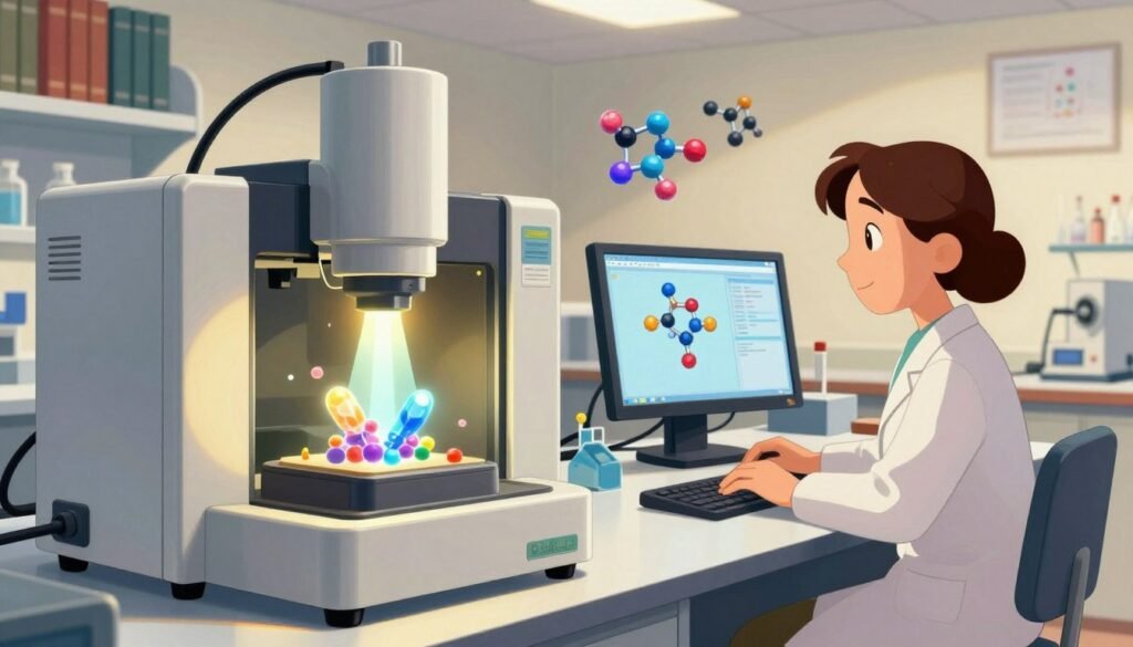 A detailed X-ray crystallography setup featuring a modern laboratory environment. In the foreground, an advanced X-ray diffractometer is prominently displayed, with vivid beams of light illuminating a crystal sample placed within. In the middle ground, a scientist in smart casual attire diligently analyzes data on a computer, surrounded by colorful 3D models of molecular structures generated from crystallographic data. The background should depict shelves filled with scientific books and equipment, softly lit to create an inviting atmosphere. The lighting is bright yet warm, focusing on the diffractometer and the researcher, capturing a sense of discovery and innovation. The overall mood is one of curiosity and professionalism, reflecting the significance of Dorothy Hodgkin's contributions to science. Include the brand name "Debsie" subtly in the design.