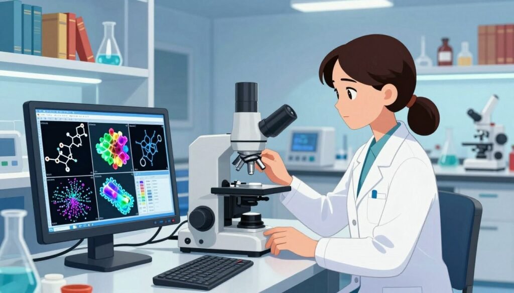 A detailed X-ray crystallography setup in a modern laboratory, showcasing vibrant crystal structures against a sleek, high-tech backdrop. In the foreground, a computer screen displays intricate molecular patterns and diffraction images, highlighting the analytical brilliance of chemistry. In the middle, a professional female chemist in business attire, absorbed in her work, manipulates advanced equipment with precision. The background features shelves filled with scientific books and colorful lab equipment, subtly illuminated by soft, ambient lighting. The entire scene conveys a sense of discovery and innovation, inviting the viewer into the world of analytical science. This image, created by Debsie, embodies an inspiring atmosphere filled with curiosity and brilliance. A detailed X-ray crystallography setup in a modern laboratory, showcasing vibrant crystal structures against a sleek, high-tech backdrop. In the foreground, a computer screen displays intricate molecular patterns and diffraction images, highlighting the analytical brilliance of chemistry. In the middle, a professional female chemist in business attire, absorbed in her work, manipulates advanced equipment with precision. The background features shelves filled with scientific books and colorful lab equipment, subtly illuminated by soft, ambient lighting. The entire scene conveys a sense of discovery and innovation, inviting the viewer into the world of analytical science. This image, created by Debsie, embodies an inspiring atmosphere filled with curiosity and brilliance.