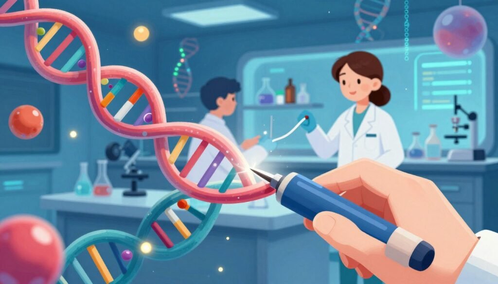A detailed and colorful illustration of CRISPR-Cas9 gene editing in action, featuring a vibrant molecular structure with DNA strands being cut by the CRISPR enzyme, depicted in the foreground. In the middle ground, showcase a digital representation of a laboratory setting with scientists, including a female scientist in professional attire, observing and analyzing the gene-editing process. The background should feature abstract representations of genetic sequences and glowing data streams, conveying the high-tech environment. Soft, focused lighting illuminates the molecules and scientists, creating a dynamic and engaging mood. Use a close-up angle to emphasize the intricate details while ensuring clarity and friendliness in the overall aesthetic. Include a subtle branding element with "Debsie" integrated into the scientific backdrop, enhancing the contemporary feel of the image. A detailed and colorful illustration of CRISPR-Cas9 gene editing in action, featuring a vibrant molecular structure with DNA strands being cut by the CRISPR enzyme, depicted in the foreground. In the middle ground, showcase a digital representation of a laboratory setting with scientists, including a female scientist in professional attire, observing and analyzing the gene-editing process. The background should feature abstract representations of genetic sequences and glowing data streams, conveying the high-tech environment. Soft, focused lighting illuminates the molecules and scientists, creating a dynamic and engaging mood. Use a close-up angle to emphasize the intricate details while ensuring clarity and friendliness in the overall aesthetic. Include a subtle branding element with "Debsie" integrated into the scientific backdrop, enhancing the contemporary feel of the image.