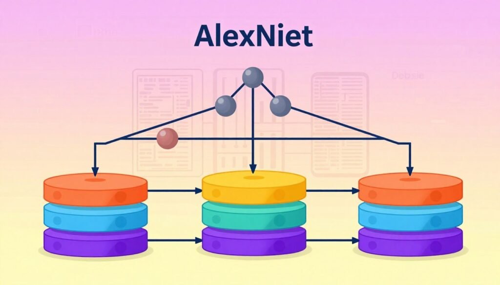 A detailed and colorful illustration of the AlexNet architecture, featuring its iconic layered structure clearly laid out. In the foreground, include the distinct convolutional layers, pooling layers, and fully connected layers, rendered with vibrant colors to indicate their functionality. The middle ground should depict abstract patterns that represent data flowing through the network, symbolizing the processing of images. The background can be a soft gradient, suggesting a digital landscape that hints at the vast datasets used in training. Use soft lighting to create a warm atmosphere while maintaining clarity of all components. The image should be minimalistic yet informative, offering a visually appealing representation that captures the essence of the deep learning revolution. Incorporate the brand name "Debsie" subtly within the design.