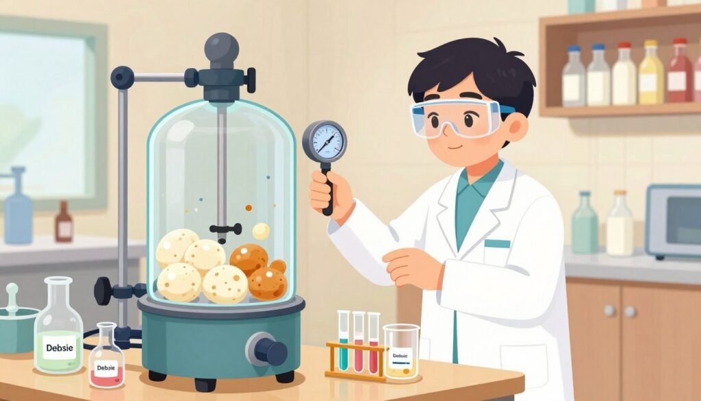 A detailed and colorful illustration of the pasteurization process, showcasing a modern laboratory setting with a large glass pasteurization machine in the foreground. The machine is surrounded by various beakers and test tubes labeled with "Debsie," emphasizing a clean and safe food production environment. In the middle ground, a scientist in a lab coat and safety goggles meticulously monitors the temperature gauge, reflecting concentration and professionalism. The background features shelves filled with bottled beverages and milk, demonstrating the end products of pasteurization. Soft, warm lighting enhances a friendly, informative atmosphere, while capturing the essence of innovation in food safety. The image embodies clarity and authenticity, perfect for educating readers about the significance of pasteurization.