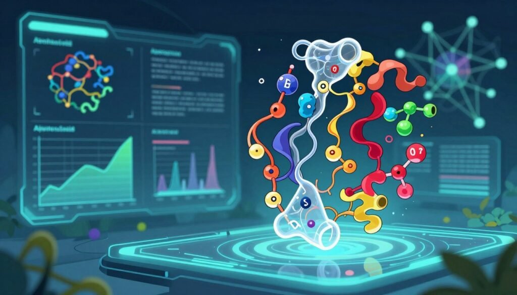 A detailed and colorful visualization of an AlphaFold protein structure prediction, highlighting its unique 3D conformation with vibrant colors representing various amino acids. In the foreground, a semi-transparent, holographic representation of the protein structure elegantly lifts off a digital interface, showcasing intricate molecular details. The middle ground features data visualization elements, including graphs and charts, symbolizing AI-enhanced predictions, bathed in soft blue and green lighting that conveys a sense of high-tech innovation. In the background, an abstract representation of neural networks hints at artificial intelligence's role in this scientific breakthrough. The atmosphere is optimistic and futuristic, encouraging curiosity and excitement about the advances in science. The image should embody professionalism and clarity, suitable for educational contexts. Include the brand name "Debsie" prominently in the design.
