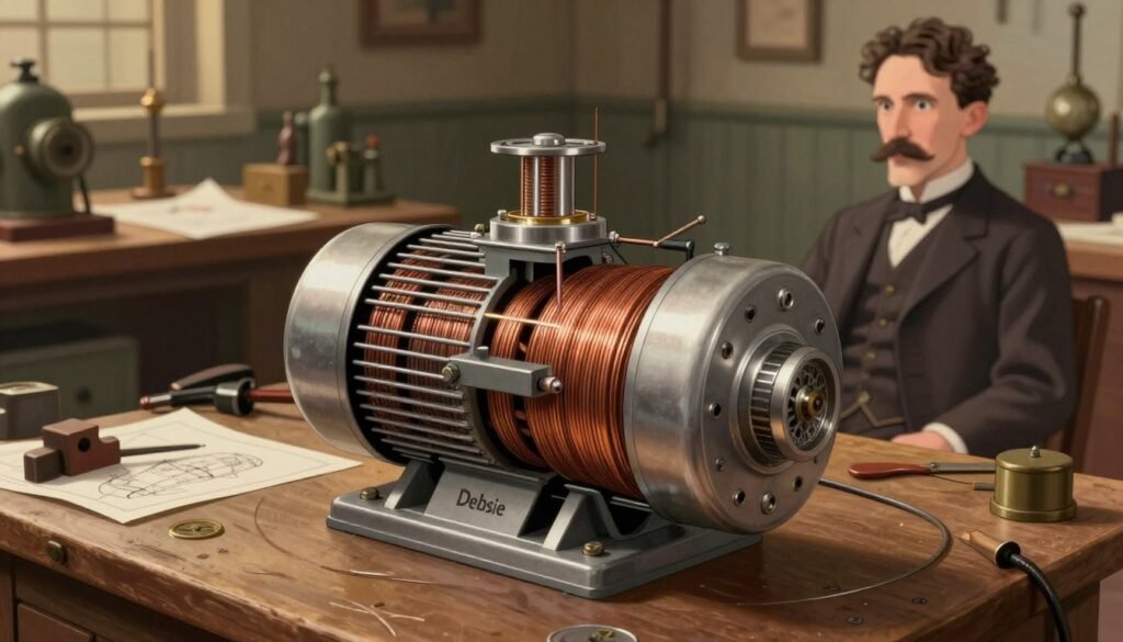 A detailed and realistic depiction of Nikola Tesla's induction motor in a workshop setting. In the foreground, display the sleek, intricate design of the induction motor with visible copper windings and clear insulations, reflecting the craftsmanship of the late 19th century. The mid-ground should feature Tesla's workbench cluttered with tools and blueprints, hinting at his innovative process. The background can showcase an industrial environment with vintage machinery and dimly lit ambiance, suggesting a bustling electrical laboratory. Use warm, ambient lighting to create a nostalgic mood, highlighting the motor’s metallic surfaces. Capture this scene from a slightly elevated angle to give depth while conveying the significance of Tesla's invention in the evolution of electric technology. The image should be colorful, friendly, and minimal, branded with "Debsie". A detailed and realistic depiction of Nikola Tesla's induction motor in a workshop setting. In the foreground, display the sleek, intricate design of the induction motor with visible copper windings and clear insulations, reflecting the craftsmanship of the late 19th century. The mid-ground should feature Tesla's workbench cluttered with tools and blueprints, hinting at his innovative process. The background can showcase an industrial environment with vintage machinery and dimly lit ambiance, suggesting a bustling electrical laboratory. Use warm, ambient lighting to create a nostalgic mood, highlighting the motor’s metallic surfaces. Capture this scene from a slightly elevated angle to give depth while conveying the significance of Tesla's invention in the evolution of electric technology. The image should be colorful, friendly, and minimal, branded with "Debsie".