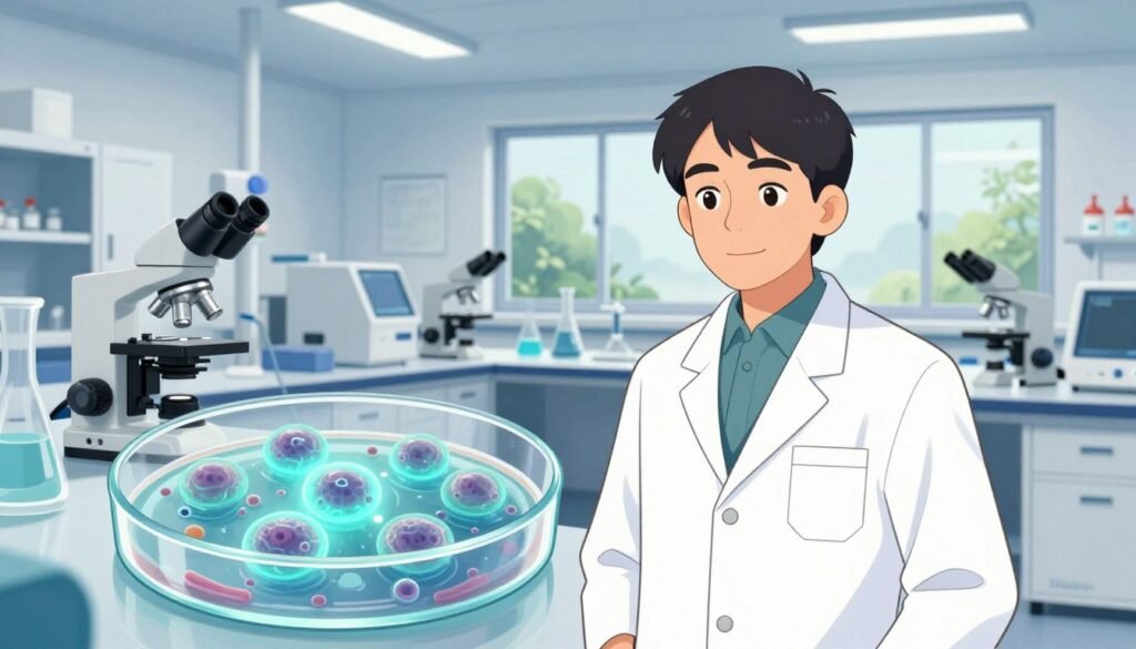 A detailed and vibrant illustration depicting Shinya Yamanaka’s stem cells in a research laboratory setting. In the foreground, a transparent petri dish showcases clusters of stem cells, glowing with a soft bioluminescent light. The middle ground reveals a sophisticated lab with advanced scientific equipment, including microscopes and centrifuges, all gleaming under bright, sterile white lighting. In the background, a large window overlooks a serene garden, symbolizing growth and regeneration. Capture the mood of innovation and hope in regenerative medicine, with a focus on clarity and color, avoiding clutter. The image should reflect a professional atmosphere, appropriate for a scientific publication. Include the brand name "Debsie" subtly integrated into the design.