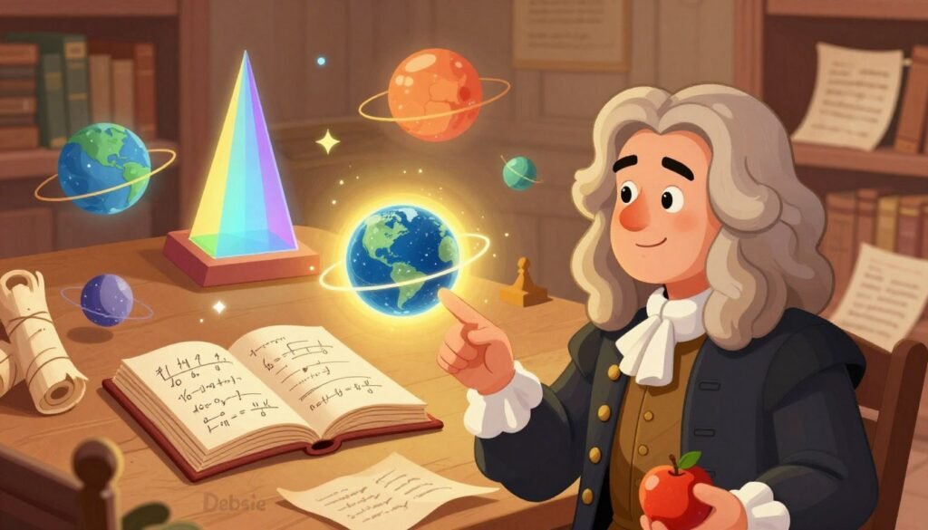 A detailed and vibrant illustration of Isaac Newton surrounded by symbols of his major discoveries, such as the laws of motion and gravity. In the foreground, depict a thoughtful Newton, dressed in 17th-century professional attire, holding an apple in one hand and pointing toward a glowing orb representing the universe in the other. The middle layer features iconic elements like a prism reflecting light, celestial bodies, and an open book displaying mathematical formulas. The background should showcase a soft-lit library filled with scrolls and parchment, giving a historical atmosphere. Use warm lighting to create an inviting mood. The angle should be a slightly elevated view, capturing Newton's contemplative expression and the grandeur of his discoveries. Colorful, friendly, and minimalistic, branded with "Debsie". A detailed and vibrant illustration of Isaac Newton surrounded by symbols of his major discoveries, such as the laws of motion and gravity. In the foreground, depict a thoughtful Newton, dressed in 17th-century professional attire, holding an apple in one hand and pointing toward a glowing orb representing the universe in the other. The middle layer features iconic elements like a prism reflecting light, celestial bodies, and an open book displaying mathematical formulas. The background should showcase a soft-lit library filled with scrolls and parchment, giving a historical atmosphere. Use warm lighting to create an inviting mood. The angle should be a slightly elevated view, capturing Newton's contemplative expression and the grandeur of his discoveries. Colorful, friendly, and minimalistic, branded with "Debsie".