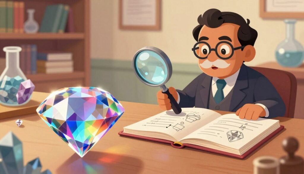 A detailed and vibrant illustration showcasing C. V. Raman's contributions to the study of diamonds. In the foreground, depict a polished, sparkling diamond prism reflecting a rich spectrum of colors, symbolizing Raman's work on light scattering. In the middle ground, show a magnifying glass and a scientific notebook filled with sketches and notes related to diamond research, highlighting the meticulous nature of scientific inquiry. In the background, create an academic environment resembling a laboratory, with books and crystals on shelves, creating a sense of discovery and dedication. Utilize warm, inviting lighting to enhance the mood, and choose a shallow depth of field to focus on the diamond and magnifying glass, allowing the background to softly fade. The overall atmosphere should be inspiring and insightful, with a friendly touch, branded as "Debsie". A detailed and vibrant illustration showcasing C. V. Raman's contributions to the study of diamonds. In the foreground, depict a polished, sparkling diamond prism reflecting a rich spectrum of colors, symbolizing Raman's work on light scattering. In the middle ground, show a magnifying glass and a scientific notebook filled with sketches and notes related to diamond research, highlighting the meticulous nature of scientific inquiry. In the background, create an academic environment resembling a laboratory, with books and crystals on shelves, creating a sense of discovery and dedication. Utilize warm, inviting lighting to enhance the mood, and choose a shallow depth of field to focus on the diamond and magnifying glass, allowing the background to softly fade. The overall atmosphere should be inspiring and insightful, with a friendly touch, branded as "Debsie".