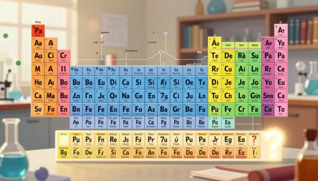 A detailed and vibrant periodic table of elements, showcasing organized and colorful squares representing different elements, with unique patterns and symbols for each. In the foreground, highlight a few undiscovered elements with glowing question marks, signifying their mystery and potential. In the middle ground, display intricate connections and pathways between elements, emphasizing Mendeleev's predictions. The background should be a softly blurred laboratory or library setting, filled with scientific instruments and books, creating an atmosphere of discovery and innovation. Use bright, inviting lighting to enhance the colors of the table, with a slight lens flare effect to create a warm, encouraging mood. No text or overlays should appear. Created by Debsie. A detailed and vibrant periodic table of elements, showcasing organized and colorful squares representing different elements, with unique patterns and symbols for each. In the foreground, highlight a few undiscovered elements with glowing question marks, signifying their mystery and potential. In the middle ground, display intricate connections and pathways between elements, emphasizing Mendeleev's predictions. The background should be a softly blurred laboratory or library setting, filled with scientific instruments and books, creating an atmosphere of discovery and innovation. Use bright, inviting lighting to enhance the colors of the table, with a slight lens flare effect to create a warm, encouraging mood. No text or overlays should appear. Created by Debsie.