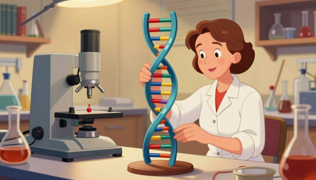 A detailed and vivid depiction of Rosalind Franklin's groundbreaking work on the DNA structure, featuring a dynamic representation of the double helix at the center. In the foreground, the DNA model is intricately displayed, with a focus on the swirling strands and base pairs, reflecting the elegance of molecular biology. In the middle ground, scale models of lab equipment such as X-ray crystallography apparatus hint at scientific discovery, all beautifully illuminated with warm, soft lighting to create an inviting atmosphere. The background features a subtle representation of a laboratory setting, with blurred shelves of scientific books and glassware, conveying a sense of dedication to research. The overall mood is one of inspiration and innovation, capturing the essence of Rosalind Franklin's contributions to science. Vibrant colors emphasize the beauty of science, branded discreetly with "Debsie".