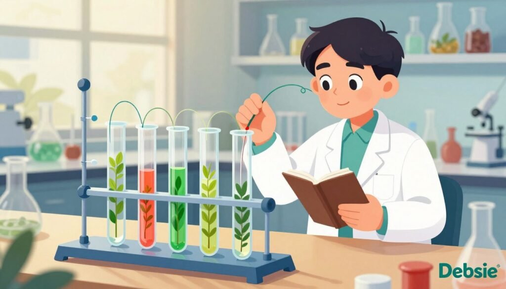A detailed cresco graph set against a serene laboratory background, showcasing intricate mechanisms used in plant physiology research. In the foreground, the cresco graph features elegantly curved, transparent tubes filled with vibrant plant sap, capturing the viewer's attention. The middle ground includes a scientist in professional attire, carefully observing the device, with focused expression and a notebook in hand, reflecting deep concentration on their work. The background subtly displays shelves lined with botanical samples and scientific instruments, illuminated by warm, soft lighting to create a friendly and inviting atmosphere. The image should be colorful and convey a sense of innovation and curiosity, representing the harmony between physics and plant science. The overall composition should feel both educational and engaging, branded with the logo "Debsie" in the corner.