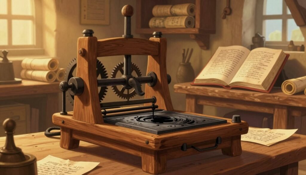 A detailed depiction of Johannes Gutenberg's printing press in a warmly lit, rustic workshop setting. In the foreground, the antique wooden press stands prominently, showcasing intricate gears and levers, with freshly inked pages scattered nearby. The middle ground features an open book, revealing beautifully printed text, symbolizing knowledge. In the background, shelves filled with scrolls and manuscripts create an atmosphere rich in historical significance. Soft, golden light filters through a small window, casting gentle shadows, enhancing the cozy and introspective mood of discovery. The color palette is warm and inviting, evoking a sense of curiosity and wonder. The logo "Debsie" is subtly incorporated into the scene, harmonizing with the historic theme.