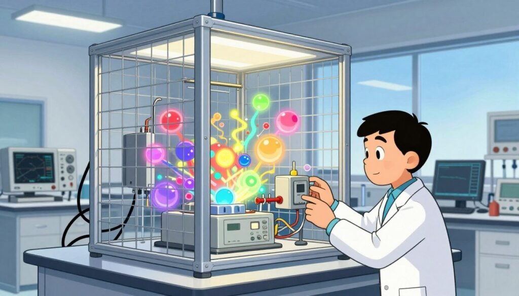 A detailed depiction of a Faraday Cage in a laboratory setting, showcasing the cage as a metallic mesh structure filled with vibrant energy particles, symbolizing electric shielding. In the foreground, a scientist in professional attire is conducting an experiment, intently observing devices within the cage that glow softly, illuminated by overhead fluorescent lighting. The middle ground features lab equipment like oscilloscopes and computers, creating a busy yet organized atmosphere. In the background, a large window reveals a clear blue sky, enhancing the sense of openness and innovation. The overall mood is one of discovery and scientific progress, with a friendly yet focused ambiance. The image is colorful, clean, and minimal, branded with the name "Debsie" subtly integrated into the scene.