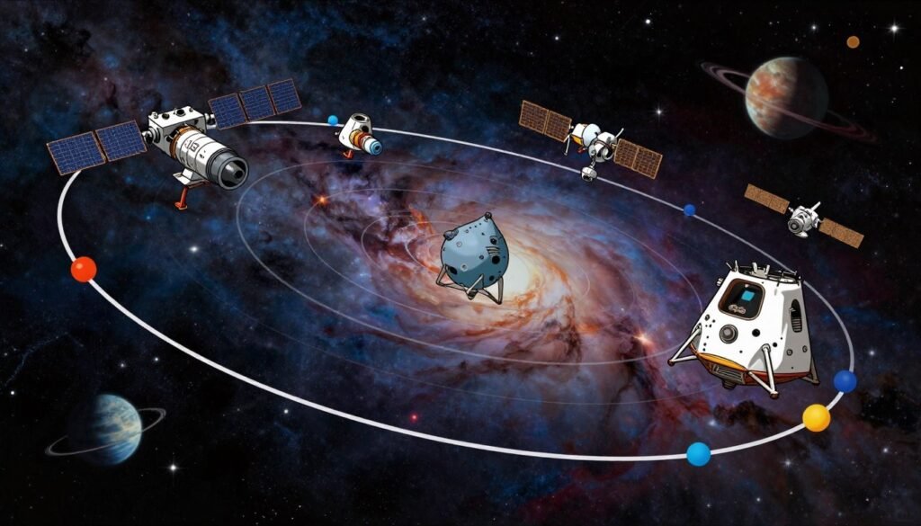 A detailed depiction of orbital mechanics, showcasing the intricate paths of satellites and spacecraft in a dynamic space environment. In the foreground, a stylized trajectory curve elegantly arcs across the image, with colorful markers indicating key points of interest. The middle ground features an array of spacecraft, such as a sleek satellite and a historic Apollo mission capsule, illustrating the evolution of space exploration. The background is filled with a starry cosmos, with vibrant nebulae and distant planets casting soft glows. The scene is lit with a subtle celestial light, creating a sense of wonder and exploration. The overall mood is optimistic and inspiring, reflecting the groundbreaking contributions of Katherine Johnson to the space race. The image is presented in a wide-angle view, capturing both the beauty and complexity of orbital mechanics, branded with the logo "Debsie". A detailed depiction of orbital mechanics, showcasing the intricate paths of satellites and spacecraft in a dynamic space environment. In the foreground, a stylized trajectory curve elegantly arcs across the image, with colorful markers indicating key points of interest. The middle ground features an array of spacecraft, such as a sleek satellite and a historic Apollo mission capsule, illustrating the evolution of space exploration. The background is filled with a starry cosmos, with vibrant nebulae and distant planets casting soft glows. The scene is lit with a subtle celestial light, creating a sense of wonder and exploration. The overall mood is optimistic and inspiring, reflecting the groundbreaking contributions of Katherine Johnson to the space race. The image is presented in a wide-angle view, capturing both the beauty and complexity of orbital mechanics, branded with the logo "Debsie".