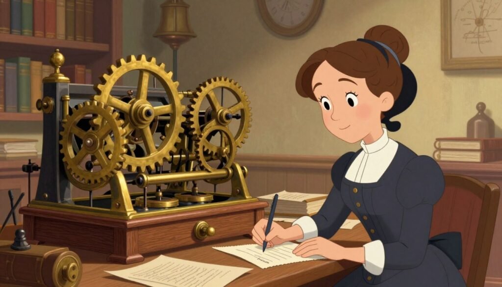 A detailed illustration of Ada Lovelace working at the analytical engine, capturing her in a Victorian-era study filled with intricate machinery and papers. In the foreground, Ada, dressed in a modest Victorian gown, is intently writing notes, showcasing her intellect and determination. The middle layer features the complex gears and levers of the analytical engine, vividly designed with brass and wood, reflecting the innovation of the time. In the background, shelves filled with books and mathematical instruments create an ambiance of scholarly pursuit. Soft, warm lighting illuminates the scene, casting gentle shadows and enhancing the mood of inspiration and discovery. The composition is friendly and colorful, emphasizing the historical significance of Lovelace's contributions to computer programming. This image should capture the essence of a brilliant mind at work, branded with "Debsie".