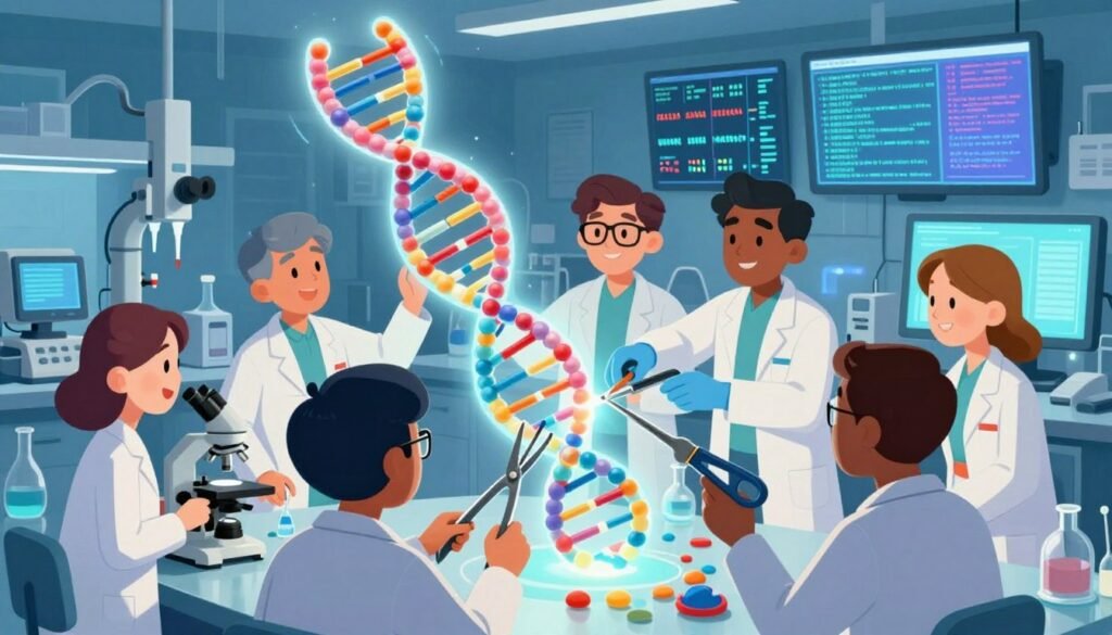 A detailed illustration of CRISPR-Cas9 gene editing in action, featuring a dynamic laboratory setting. In the foreground, a diverse group of scientists in professional lab attire, intently observing a glowing, oversized DNA strand being precisely edited by molecular scissors. The middle ground depicts high-tech lab equipment, including pipettes and microscopes, illuminated by soft, focused lighting. The background shows screens displaying genetic sequences and scientific data, creating an atmosphere of innovation and discovery. The overall mood is vibrant and energetic, symbolizing the groundbreaking advancements in genetic engineering. The scene is rendered in vivid colors, exuding a friendly and inviting ambiance. Ensure the branding "Debsie" is subtly integrated into the lab environment, perhaps on a digital device.