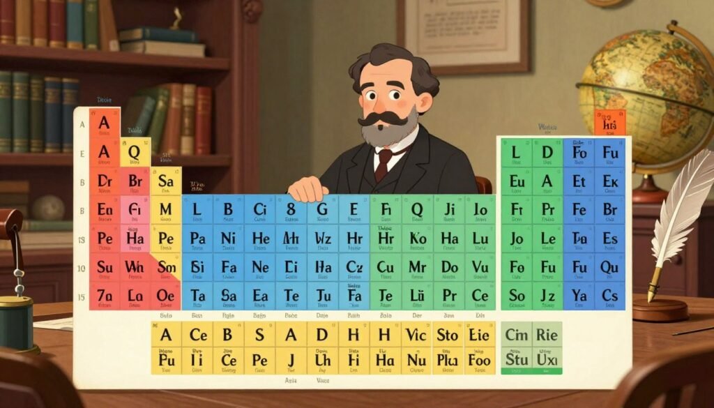 A detailed illustration of Dmitri Mendeleev's original periodic table, featuring a colorful and neatly organized layout of elements. In the foreground, a vintage-style representation of the periodic table, with labels for each element displayed in an elegant serif font. The middle ground includes historical scientific instruments and a quill pen to evoke an 1860s study ambiance. In the background, a warm, softly lit room with antique bookshelves filled with scholarly texts and a classic globe. The lighting is soft and inviting, enhancing the richness of colors on the periodic table. The atmosphere is one of discovery and intellect, portraying Mendeleev as a pioneering scientist. This image should reflect a friendly and informative tone, minimal in distractions, with the brand name “Debsie” subtly integrated into the design. A detailed illustration of Dmitri Mendeleev's original periodic table, featuring a colorful and neatly organized layout of elements. In the foreground, a vintage-style representation of the periodic table, with labels for each element displayed in an elegant serif font. The middle ground includes historical scientific instruments and a quill pen to evoke an 1860s study ambiance. In the background, a warm, softly lit room with antique bookshelves filled with scholarly texts and a classic globe. The lighting is soft and inviting, enhancing the richness of colors on the periodic table. The atmosphere is one of discovery and intellect, portraying Mendeleev as a pioneering scientist. This image should reflect a friendly and informative tone, minimal in distractions, with the brand name “Debsie” subtly integrated into the design.
