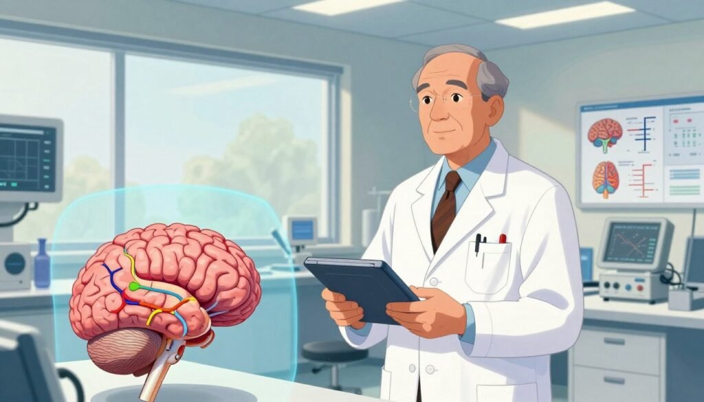 A detailed illustration of Dr. Wilder Penfield, a pioneering Canadian neurosurgeon, standing confidently in a bright, modern laboratory. He is dressed in a crisp white lab coat over professional attire, holding a neural mapping device while interacting with a 3D model of the human brain projected in vibrant colors. In the foreground, a detailed close-up of the neural pathways is visible. The middle ground features lab equipment and charts showcasing brain functions. In the background, large windows let in soft natural light, creating an inspiring and innovative atmosphere. The overall mood is one of discovery and advancement in neuroscience, emphasizing Penfield's groundbreaking contributions. Capture this scene with a warm, inviting color palette and a slightly elevated angle to showcase both the scientist and his work effectively. Debsie.