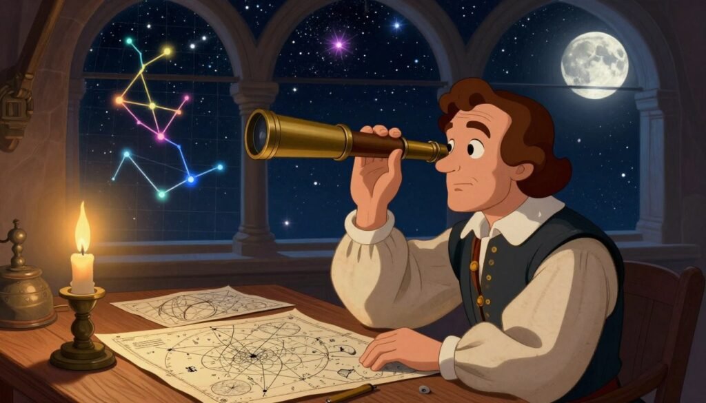 A detailed illustration of Galileo Galilei, portrayed in a historical setting, examining the night sky through a classic telescope. In the foreground, Galileo is shown in modest 17th-century clothing, with a thoughtful expression, peering through the telescope. The middle ground features celestial maps and charts scattered around on a wooden table, illuminated by soft candlelight, creating an ambience of discovery. In the background, a starry sky is visible through an arched window, showcasing vividly colored constellations and the moon, capturing the wonder of astronomy. The scene should evoke a sense of curiosity and exploration, with rich colors and warm lighting, symbolizing Galileo's contributions to science. This image, styled by Debsie, avoids any text, ensuring clarity and focus on the subject.