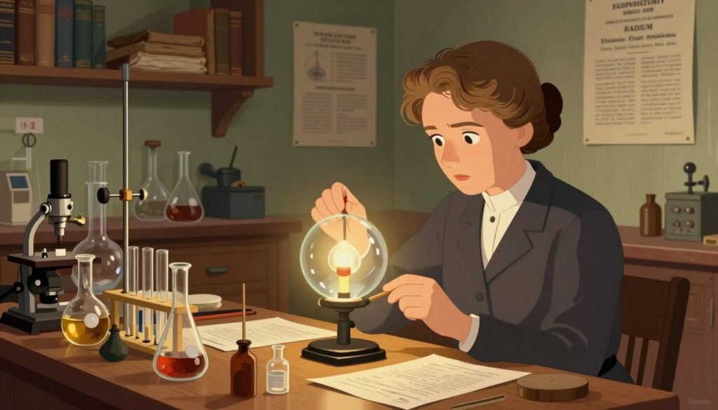 A detailed illustration of Marie Curie in a vintage laboratory, discovering polonium and radium. In the foreground, show Curie, dressed in professional attire, examining radioactive samples with scientific instruments, a look of focused determination on her face. The middle layer features glass vials, beakers, and papers scattered across a wooden workbench, illuminated by warm, soft lighting that highlights the intricate details of the lab environment. In the background, shelves lined with old books and scientific posters capture the era of scientific exploration. The atmosphere should evoke a sense of wonder and breakthrough, with a subtle glow to symbolize the brilliance of her discoveries. The image should be colorful and minimal, branded subtly with "Debsie."